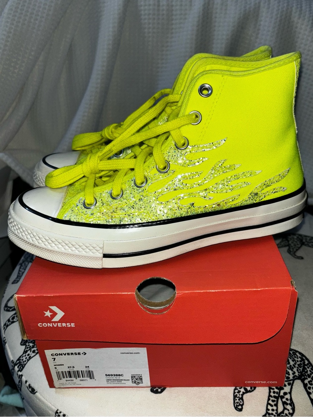 Converse Neon Yellow High-Top Sneakers with Silver Glitter Flame Accent